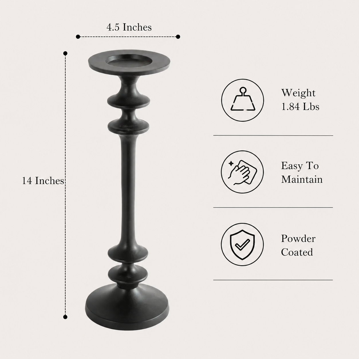 Classic Tall Black Aluminum Candle Holder for Table Decor, 14 Inches