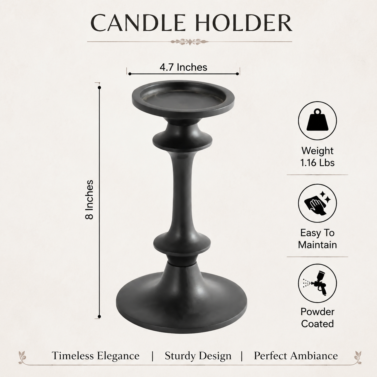 Modern Black Aluminum Candle Holder for Home Decor, 8 Inches