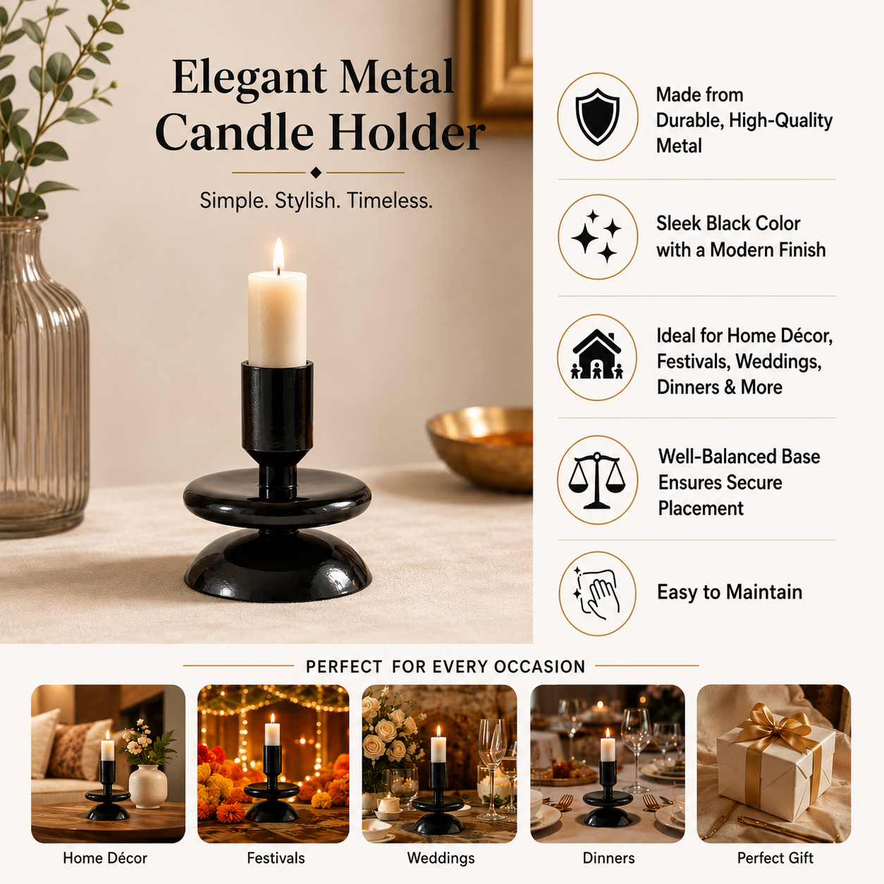 Black Aluminum Candle Holder for Home Décor, 5 Inch