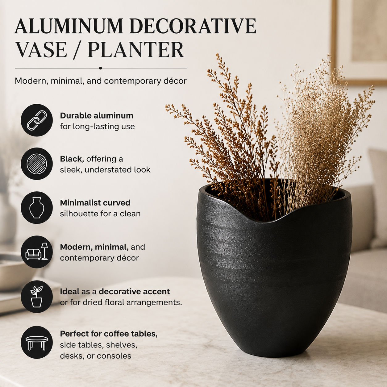 Minimal Black Aluminum Vase | Modern Matte Décor