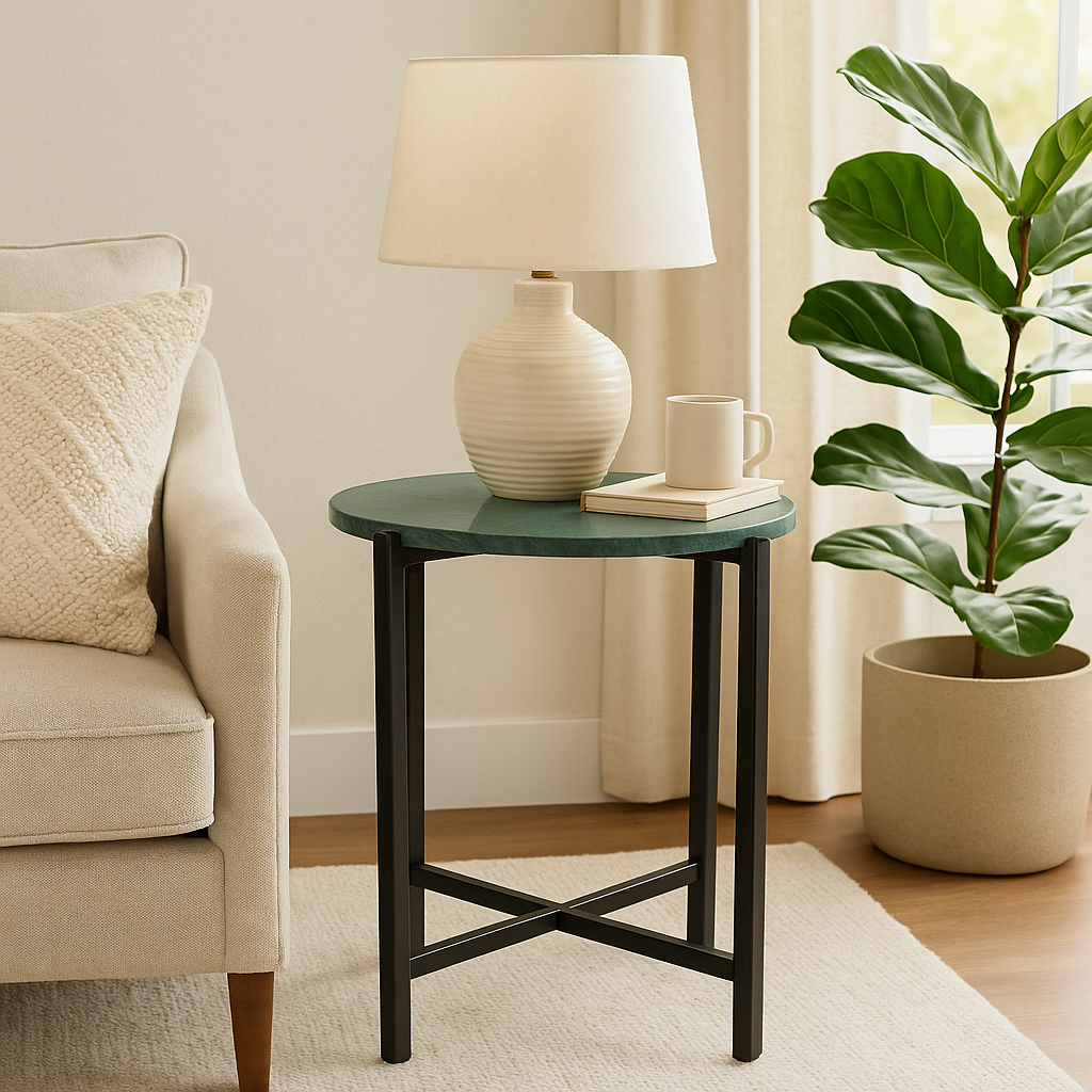 Green Marble Side Table 21" | Metal Legs End Table (Grey/Gold Options)