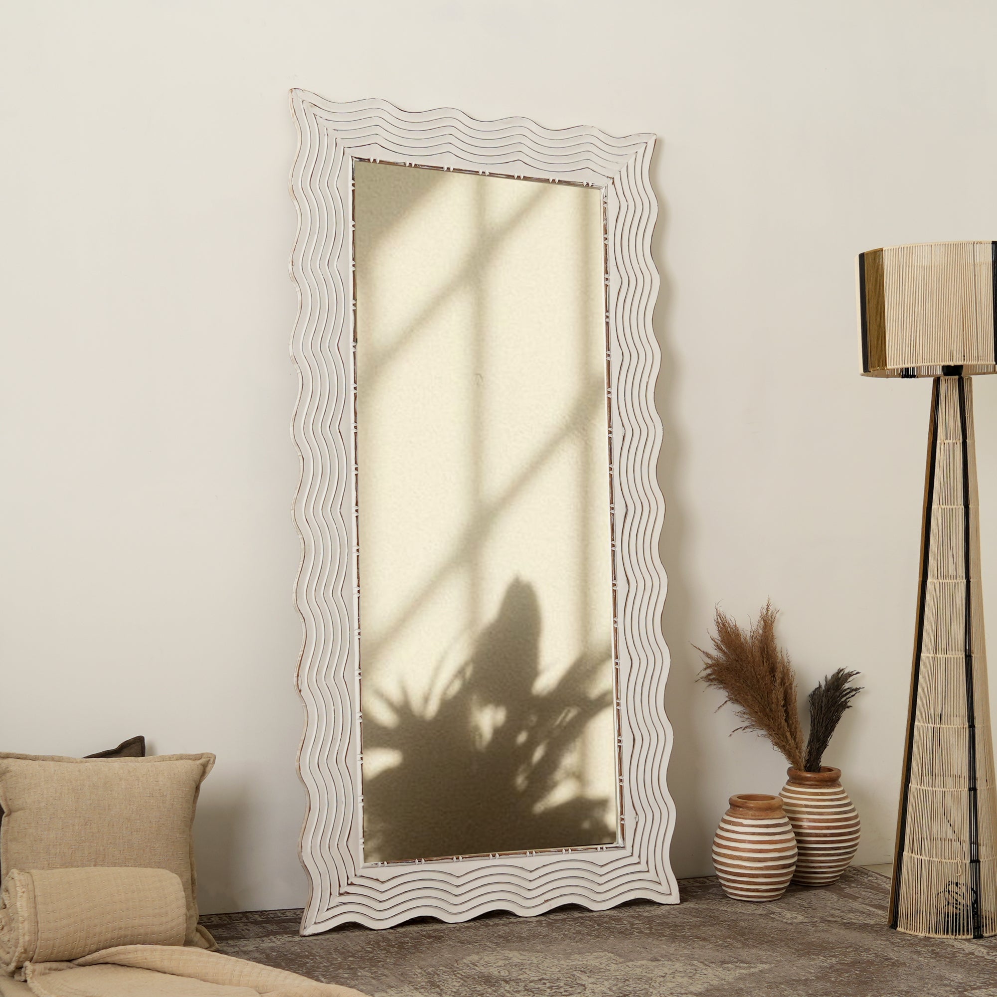Wooden Floor Mirror | Rustic White Solid Wood Hand Carved Frame | Handmade Decorative Mirror Accent | Living Room, Bedroom & Entryway
