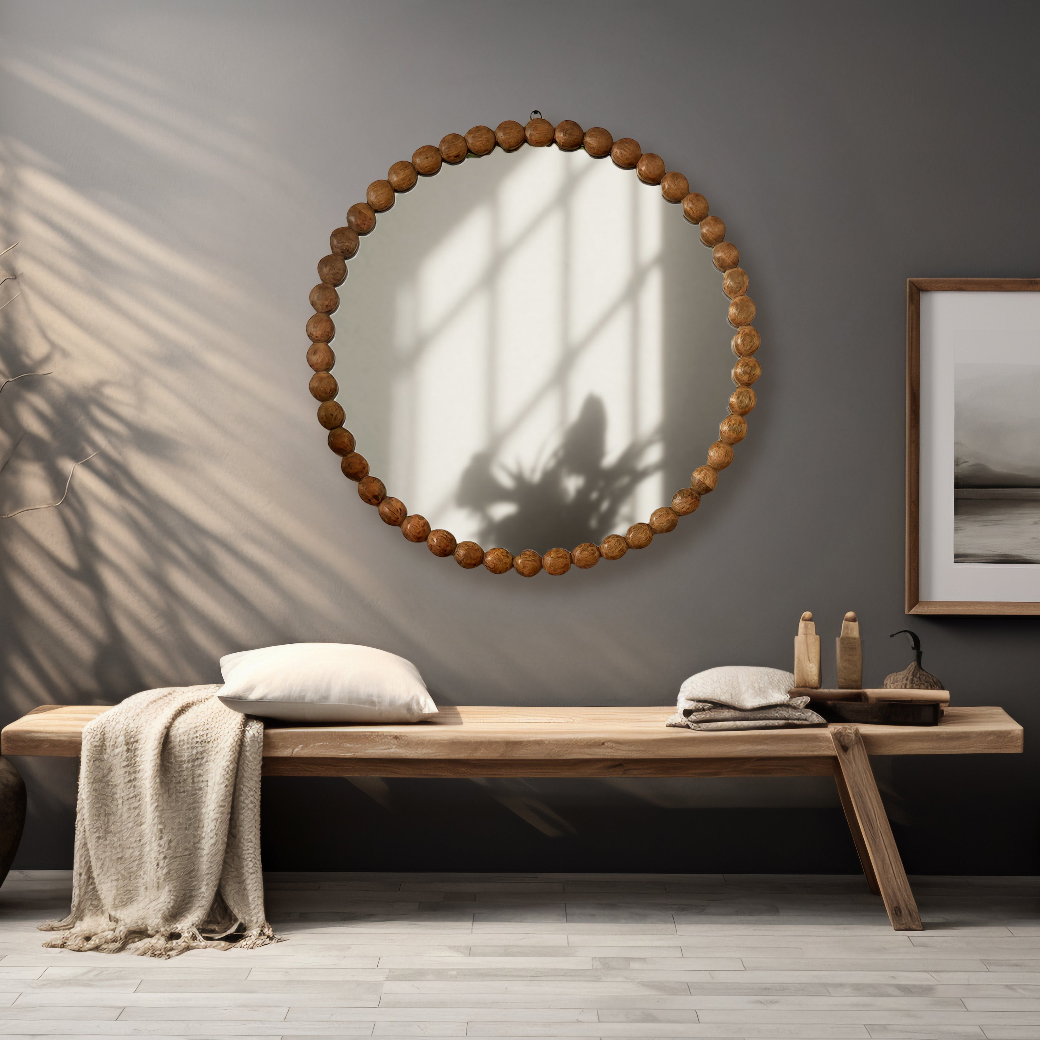 Decorative Wall Mirror | Wood Bead Design Frame | 32" Round Mirror | Living Room, Bedroom & Entryway Wall Accent
