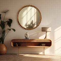 Decorative Wall Mirror | Wood Bead Design Frame | 32" Round Mirror | Living Room, Bedroom & Entryway Wall Accent