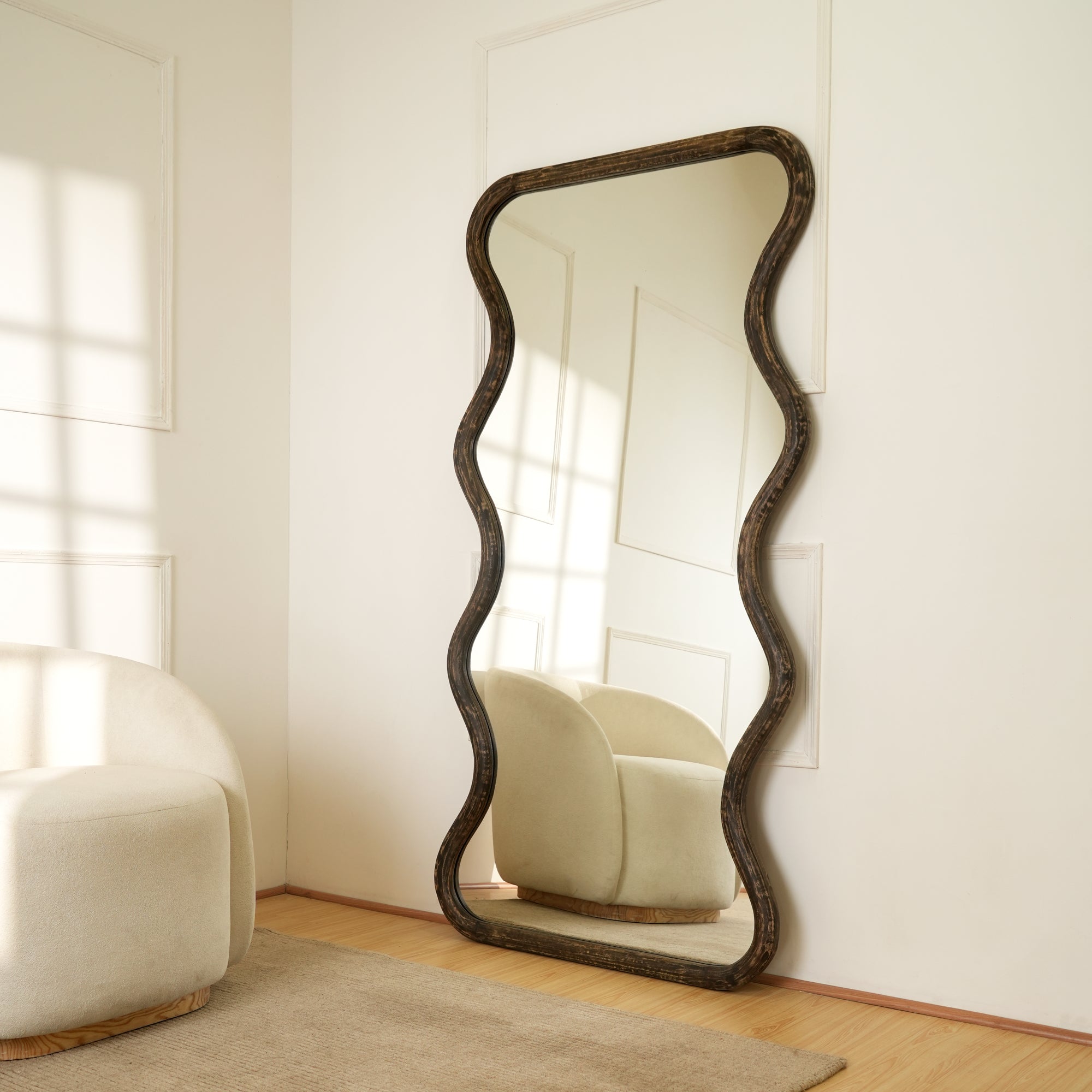 Wavy Full-Length Floor Mirror with Mango Wood Frame, 36x72"