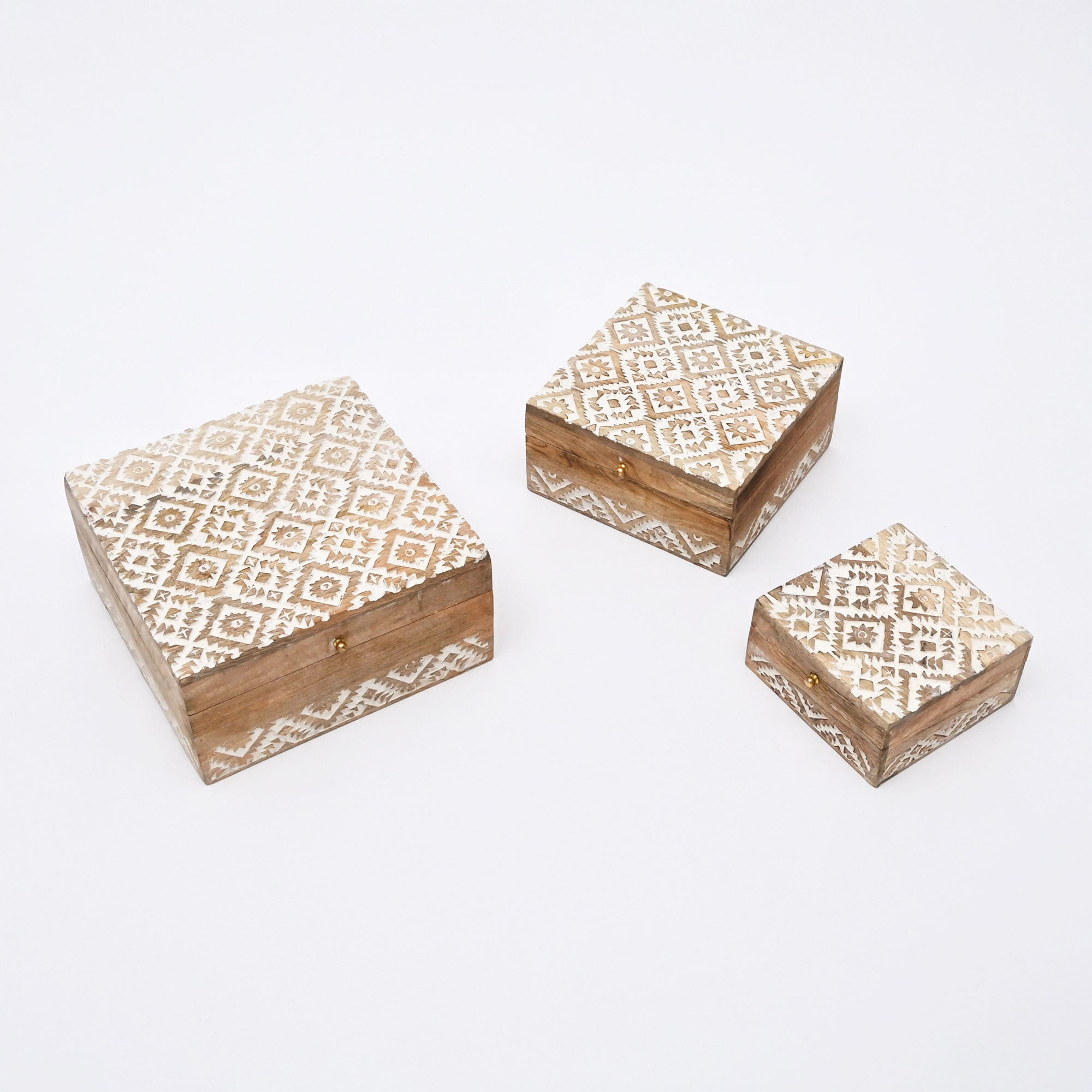 Decorative Nested Boxes Set of 3 | Hand Carved | Mango Wood