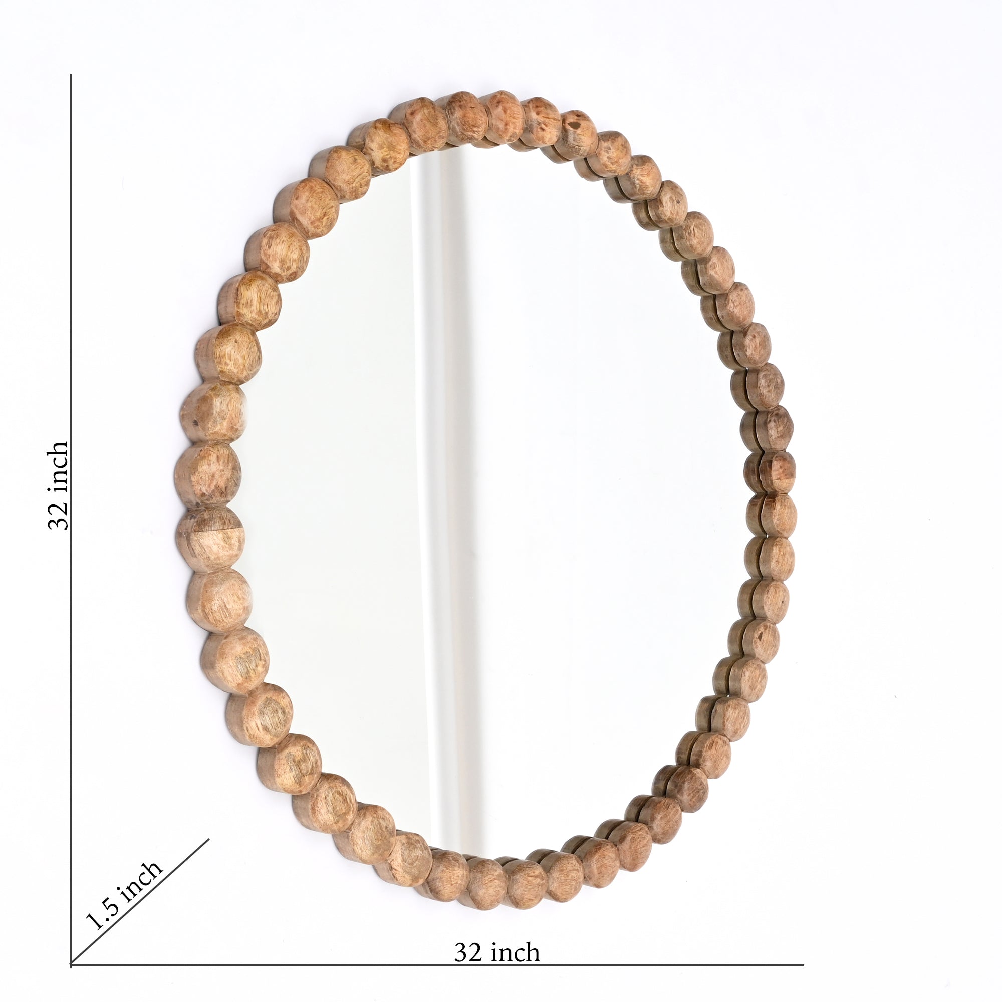 Decorative Wall Mirror | Wood Bead Design Frame | 32" Round Mirror | Living Room, Bedroom & Entryway Wall Accent