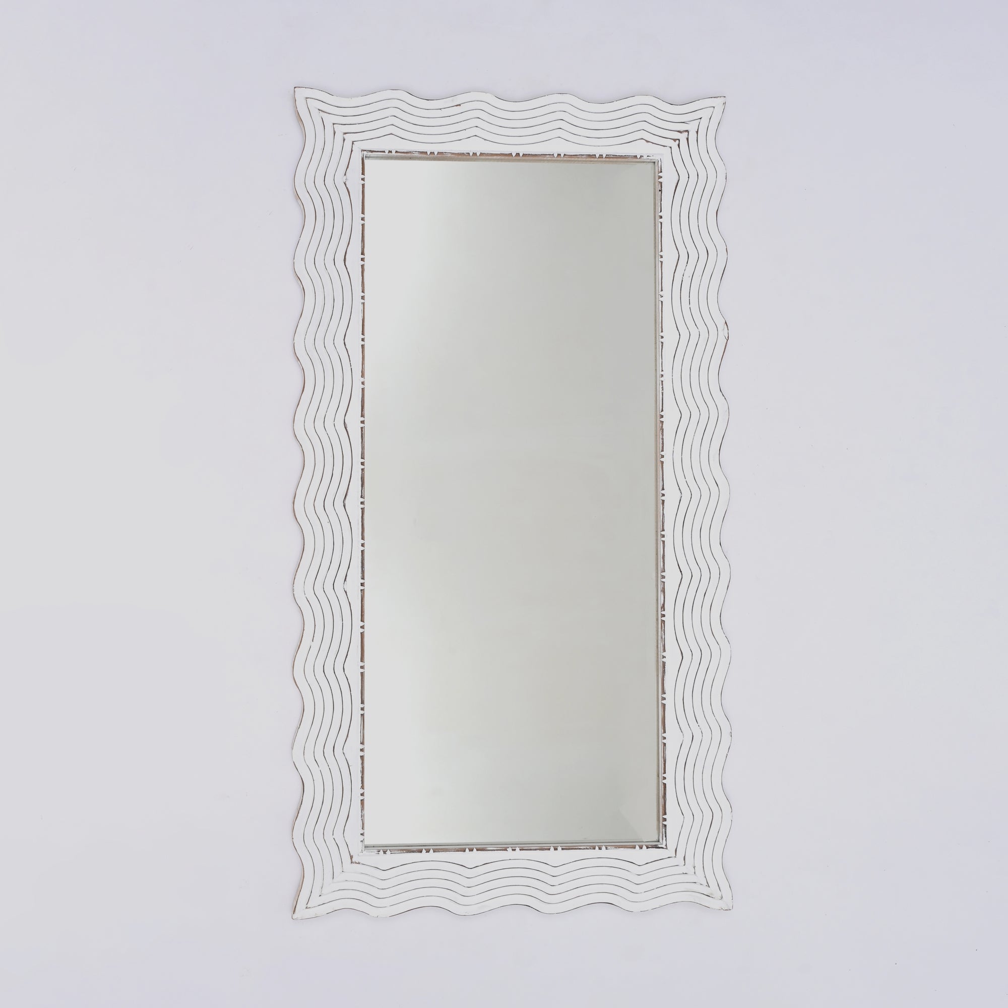 Wooden Floor Mirror | Rustic White Solid Wood Hand Carved Frame | Handmade Decorative Mirror Accent | Living Room, Bedroom & Entryway