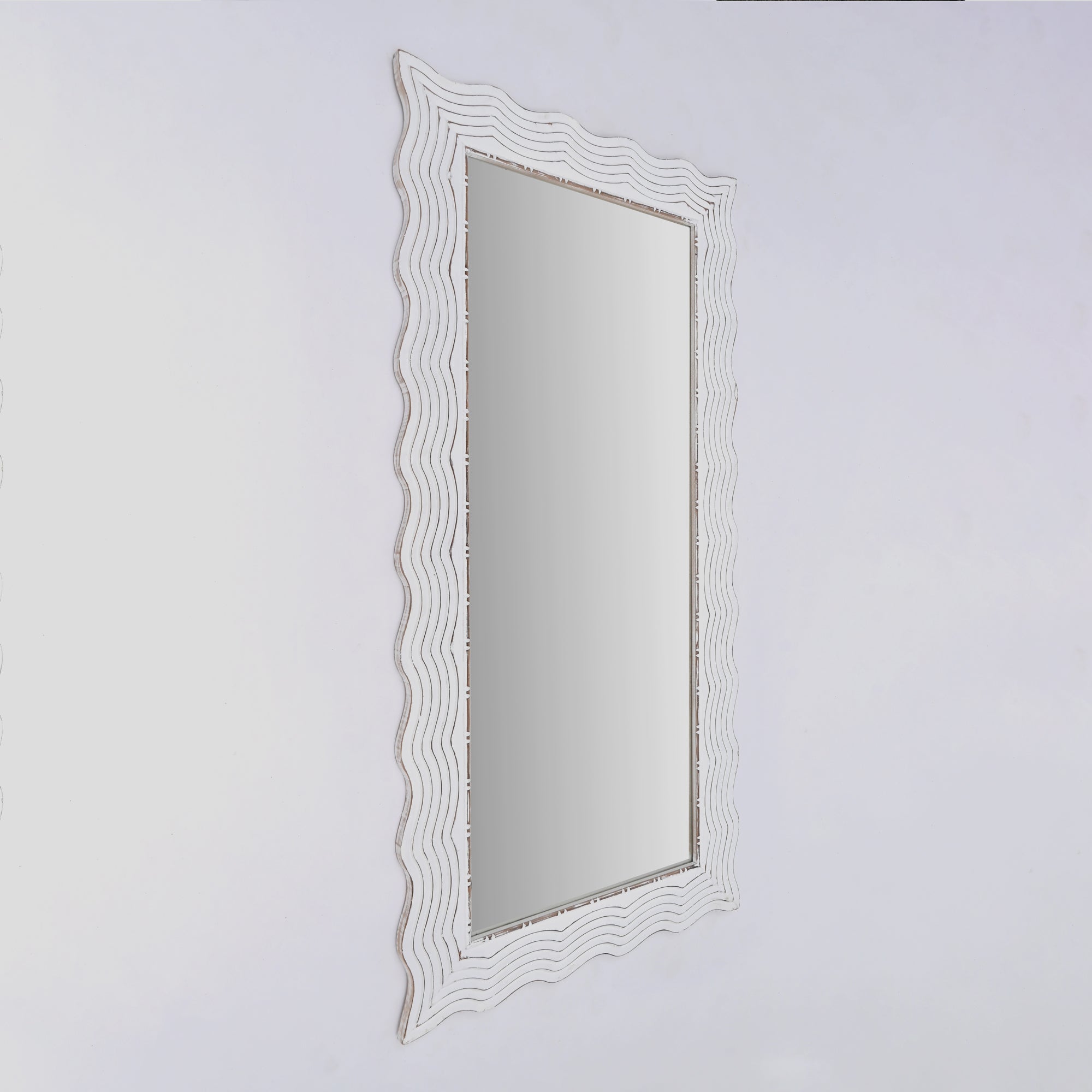 Wooden Floor Mirror | Rustic White Solid Wood Hand Carved Frame | Handmade Decorative Mirror Accent | Living Room, Bedroom & Entryway