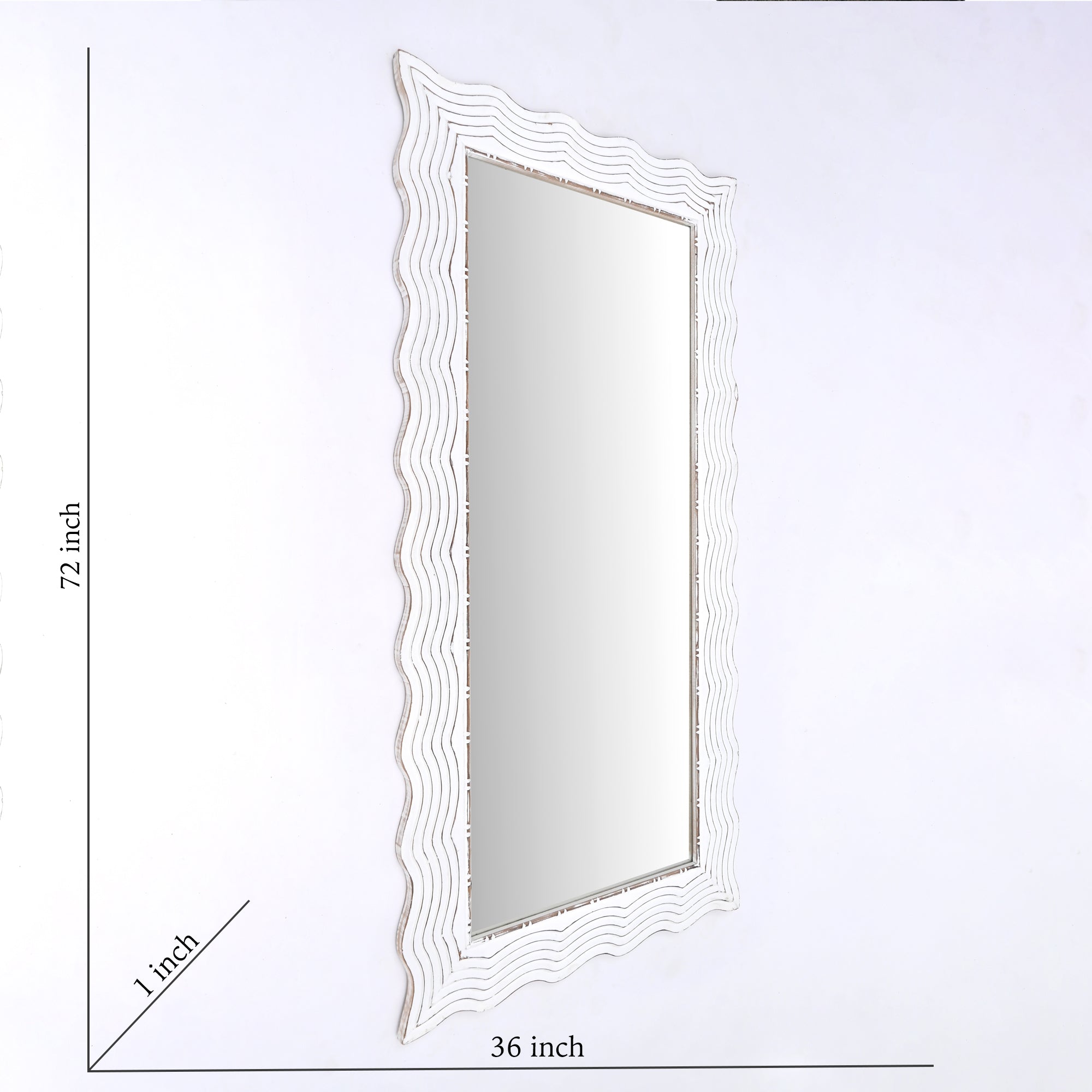 Wooden Floor Mirror | Rustic White Solid Wood Hand Carved Frame | Handmade Decorative Mirror Accent | Living Room, Bedroom & Entryway