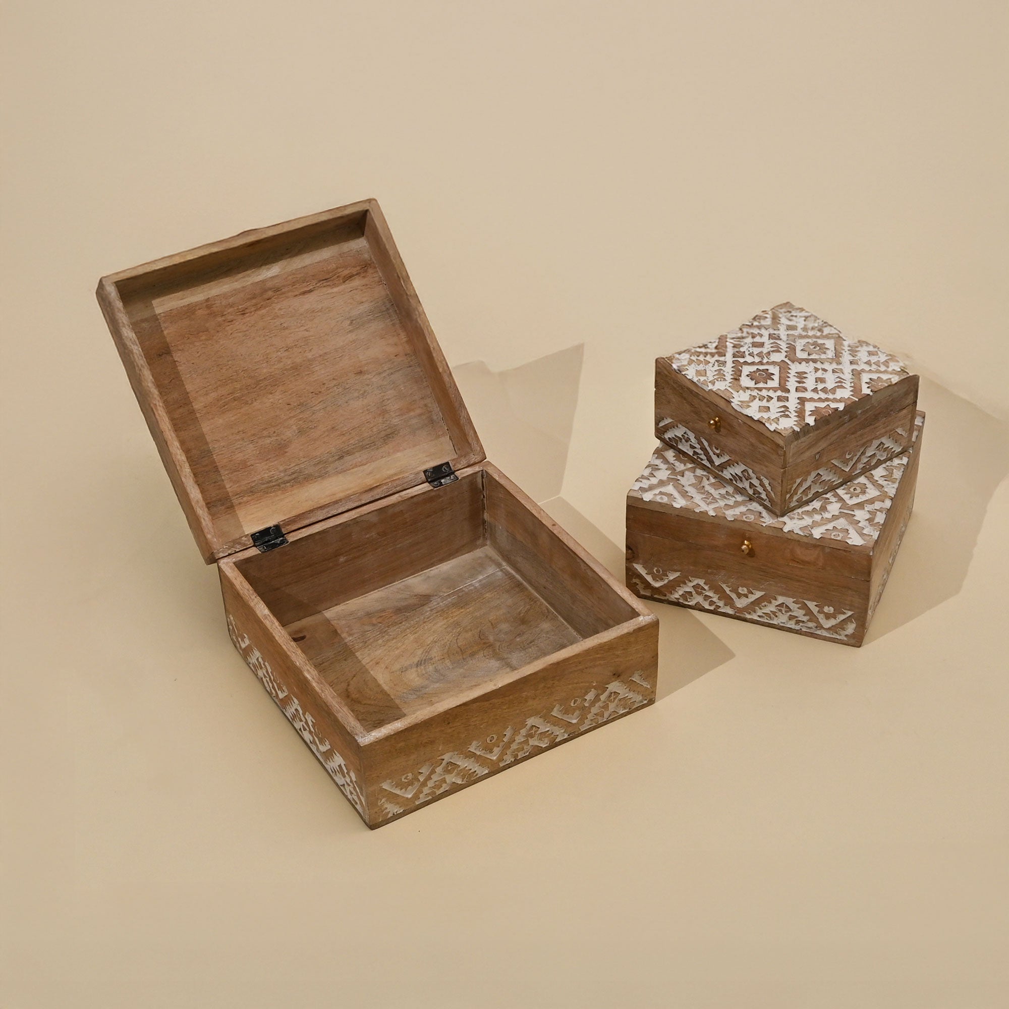 Decorative Nested Boxes Set of 3 | Hand Carved | Mango Wood