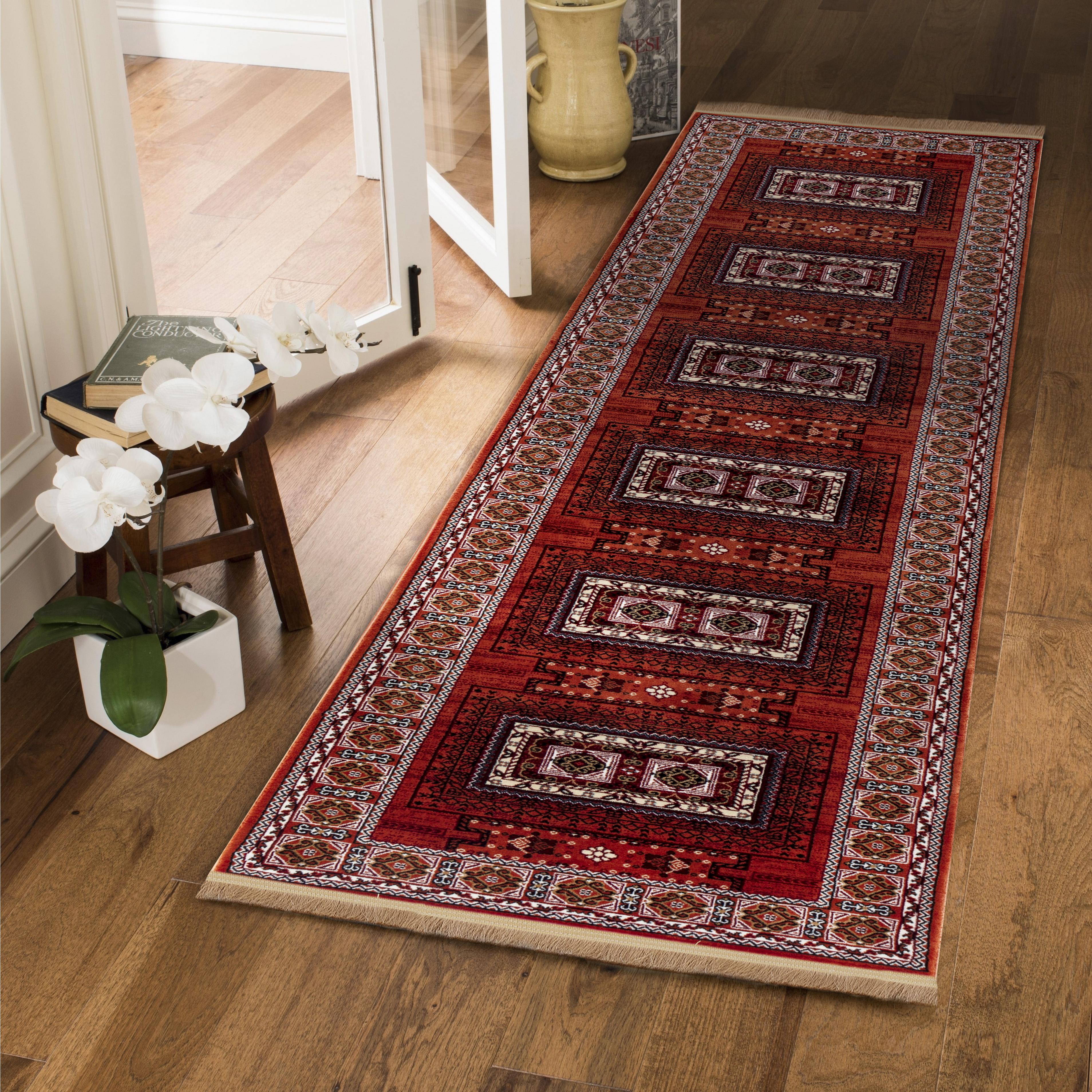 Kandahar E851B Rose runner rug styled in a hallway or narrow space