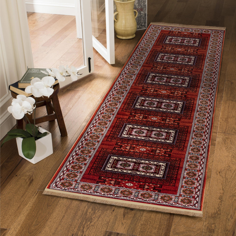 Kandahar E851B Rose runner rug styled in a hallway or narrow space