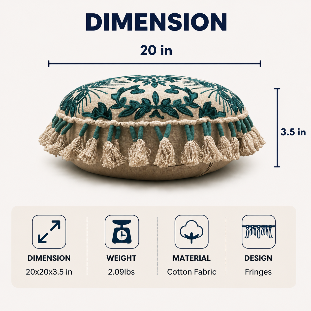 Embroidered Floor Pillow with Tassels & Filler, 20x20x3.5"