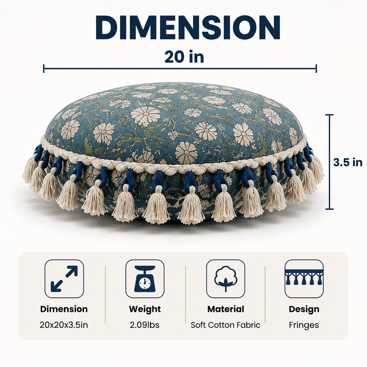 Printed Round Floor Pillow with Tassels, 20x20x3.5"