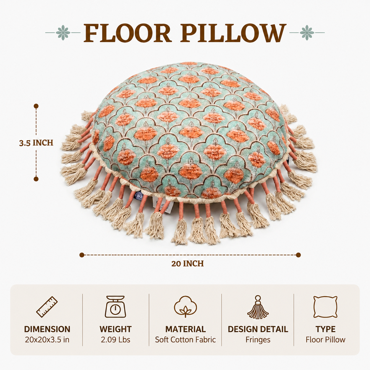 Printed Round Floor Pillow with Tassels, 20x20x3.5"
