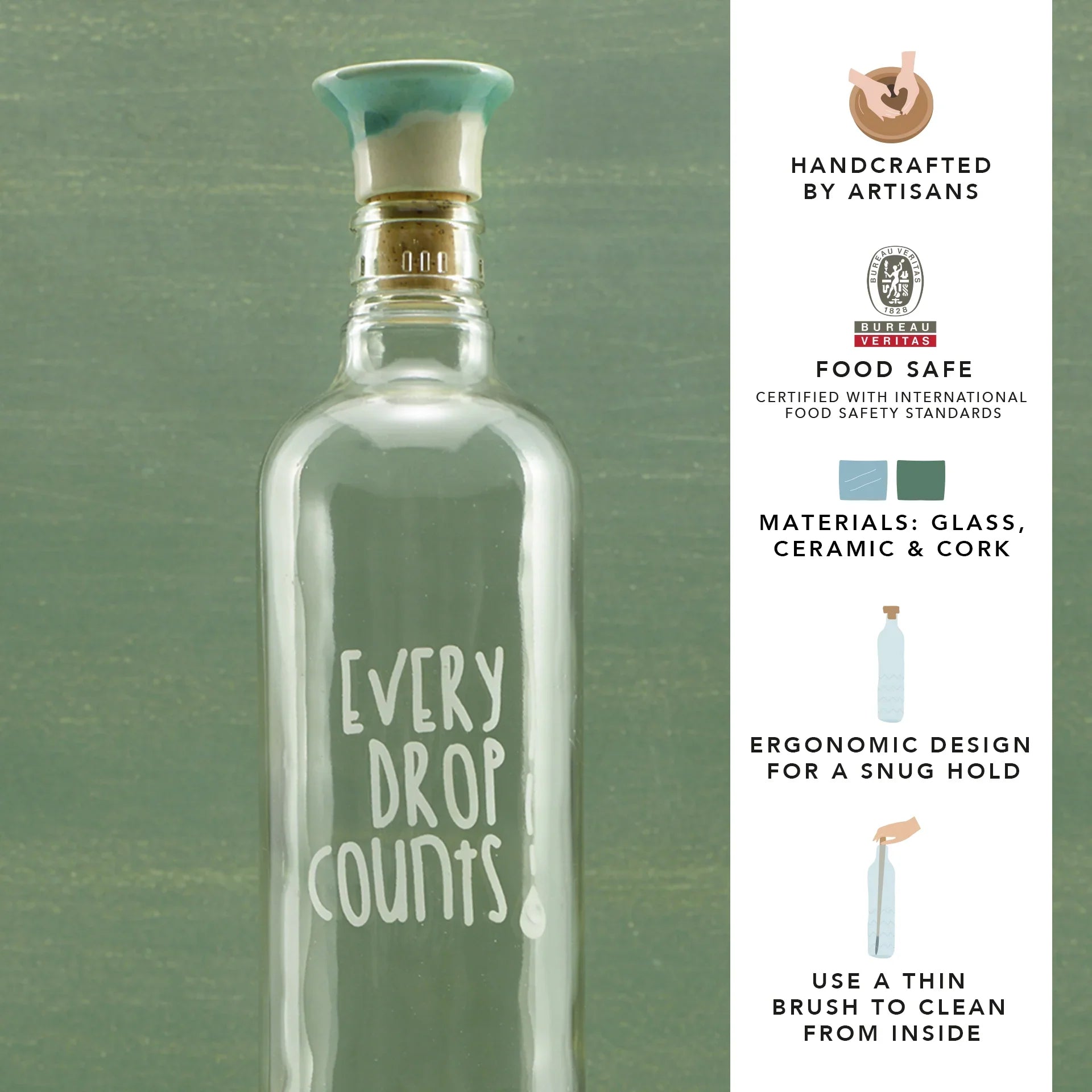 Drop Glass Water Bottle with Ceramic Stopper | Airtight Clear Bottle