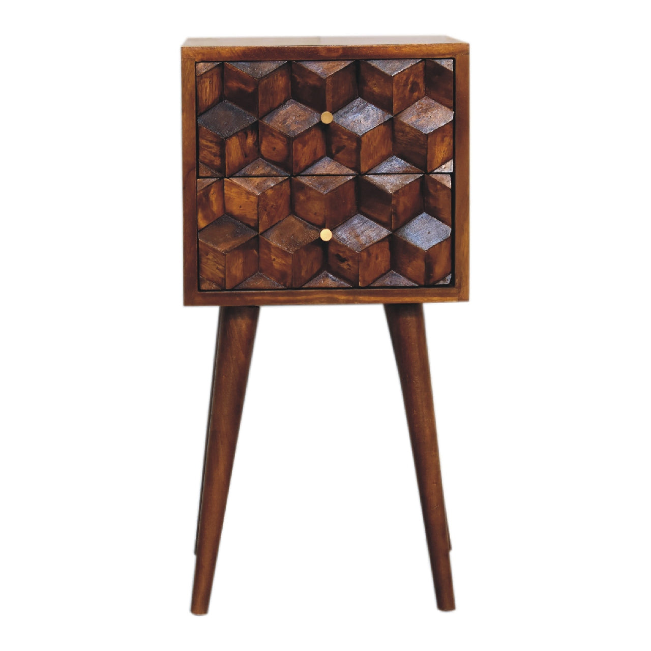Solid Wood Mini Cube Nightstand, 2-Drawers, Chestnut, Brown