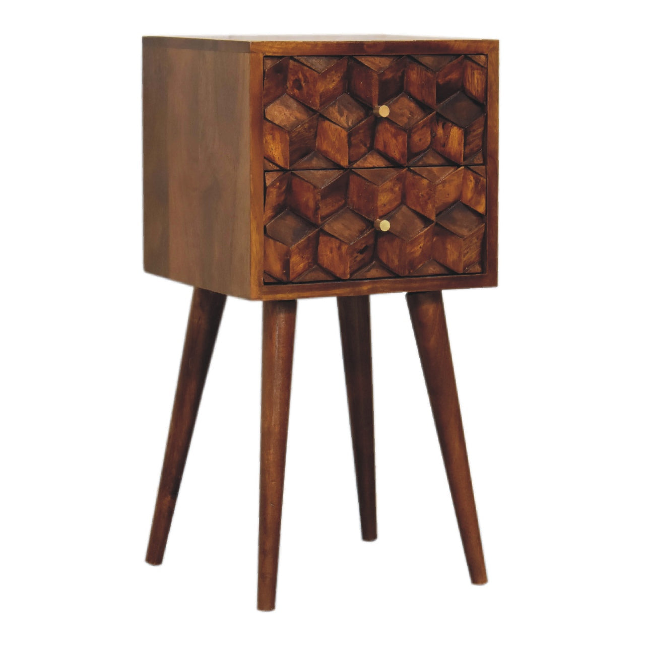 Solid Wood Mini Cube Nightstand, 2-Drawers, Chestnut, Brown