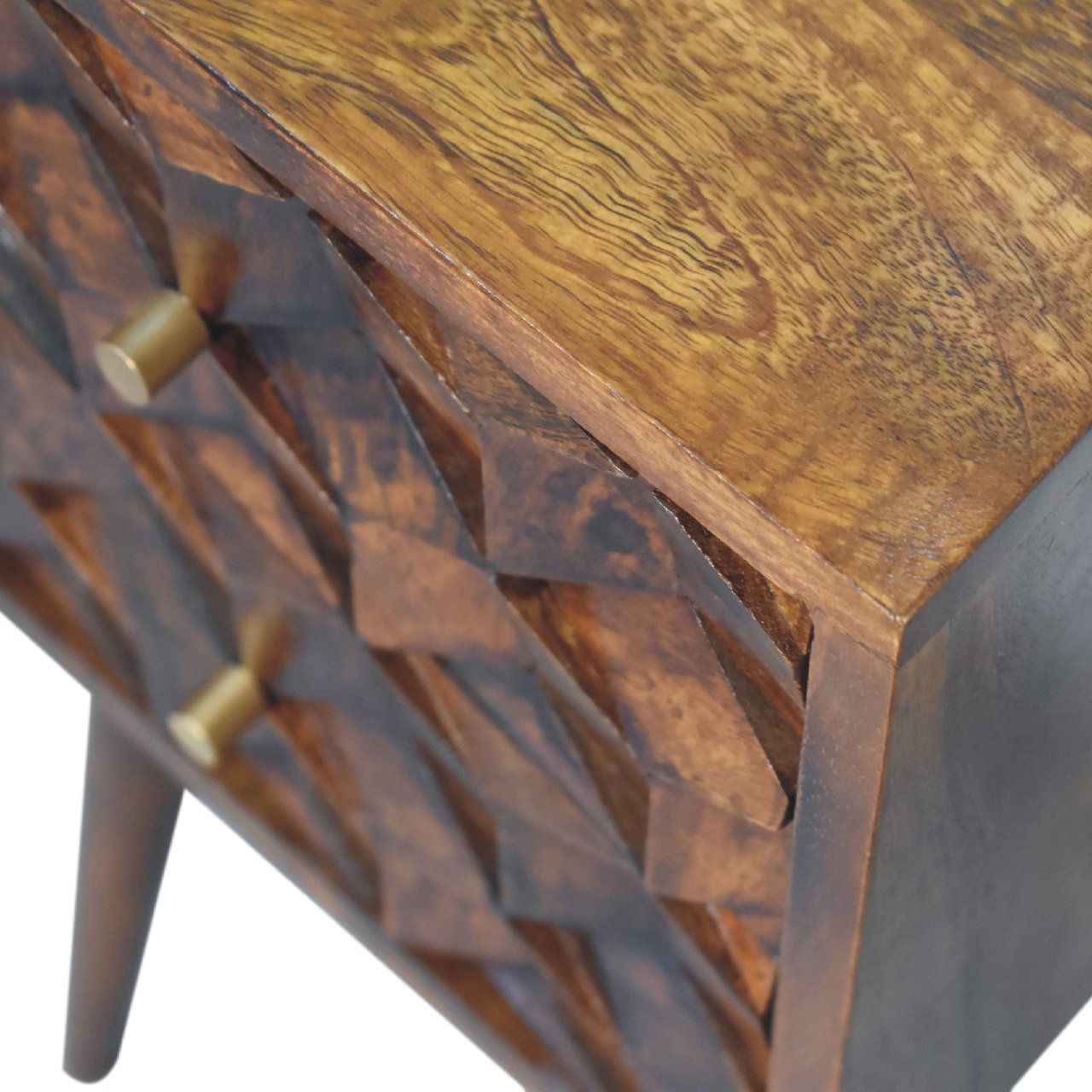Solid Wood Mini Cube Nightstand, 2-Drawers, Chestnut, Brown