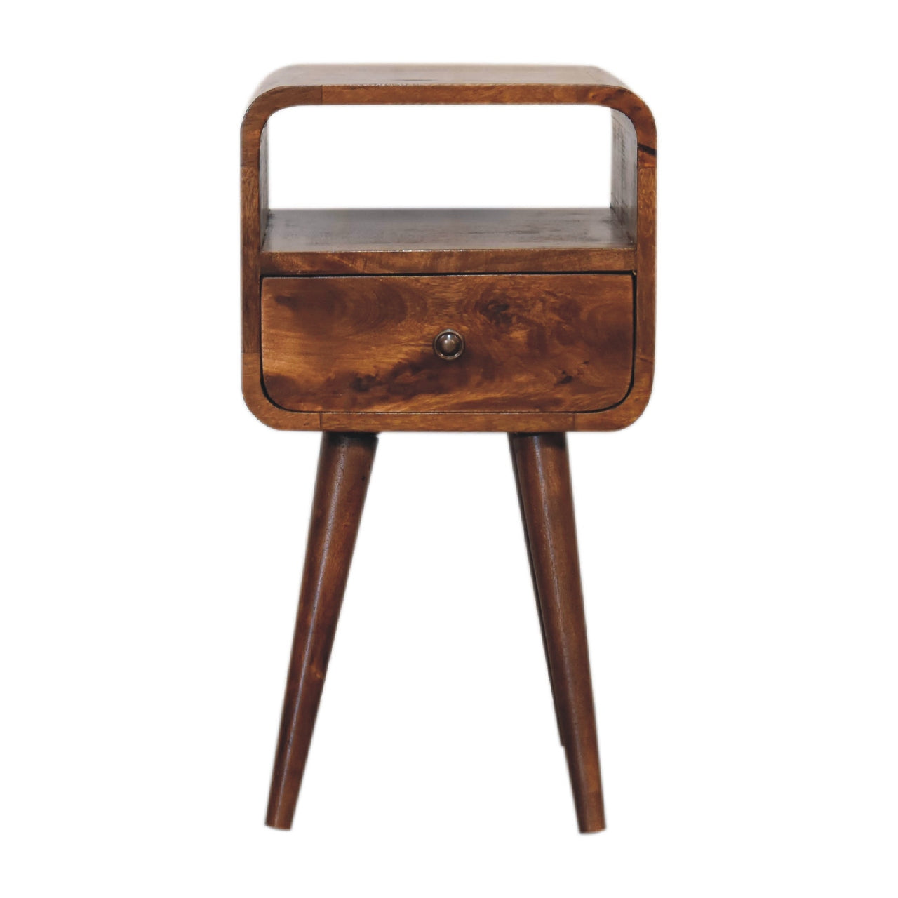 Solid Wood Mini Curve Bedside, 1-Drawer, 1 Open Slot, Chestnut, Brown