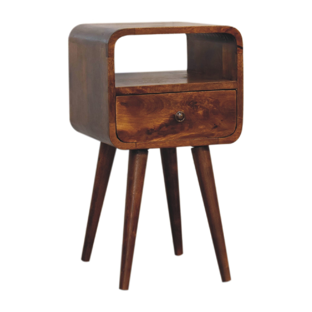 Solid Wood Mini Curve Bedside, 1-Drawer, 1 Open Slot, Chestnut, Brown
