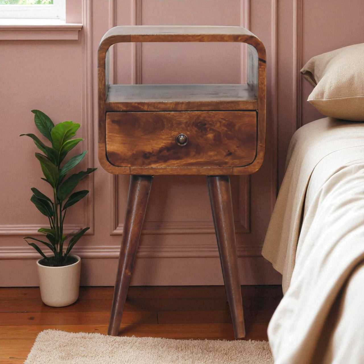 Solid Wood Mini Curve Bedside, 1-Drawer, 1 Open Slot, Chestnut, Brown