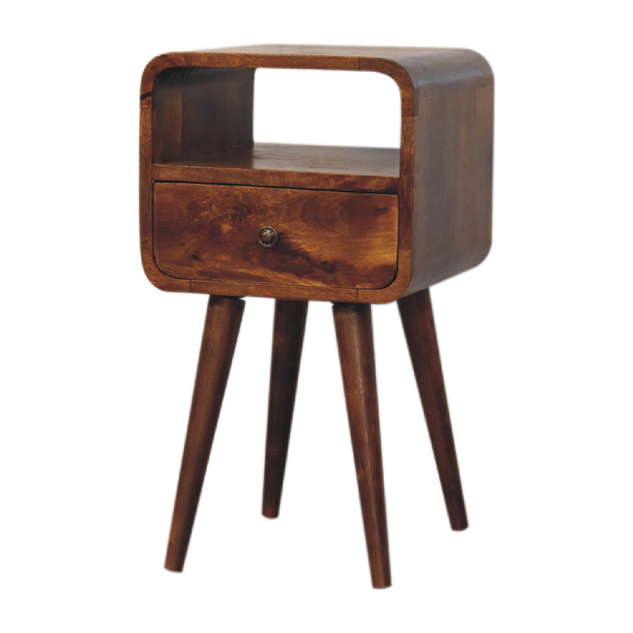 Solid Wood Mini Curve Bedside, 1-Drawer, 1 Open Slot, Chestnut, Brown