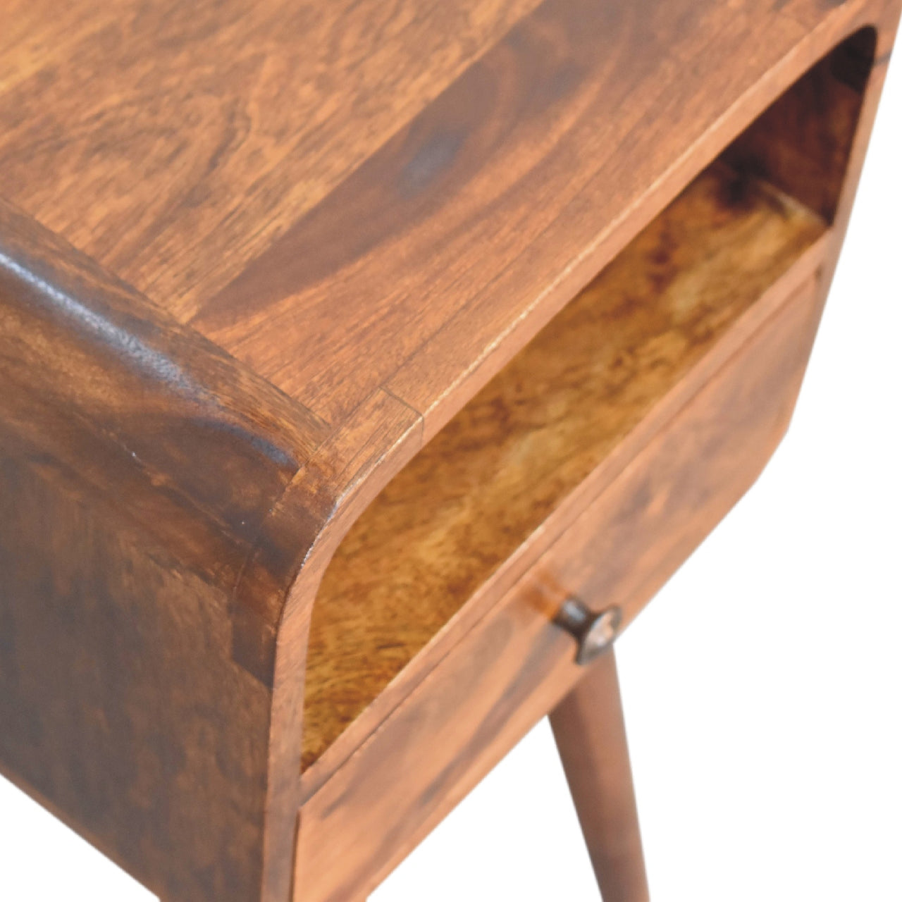 Solid Wood Mini Curve Bedside, 1-Drawer, 1 Open Slot, Chestnut, Brown