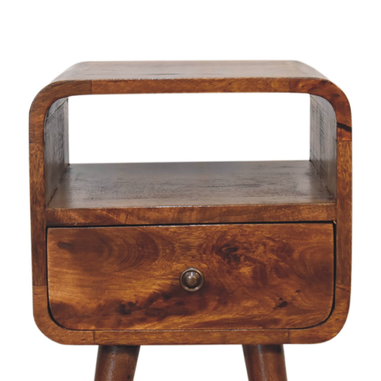 Solid Wood Mini Curve Bedside, 1-Drawer, 1 Open Slot, Chestnut, Brown