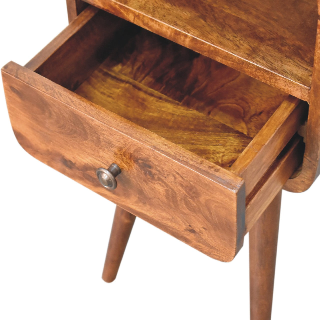 Solid Wood Mini Curve Bedside, 1-Drawer, 1 Open Slot, Chestnut, Brown