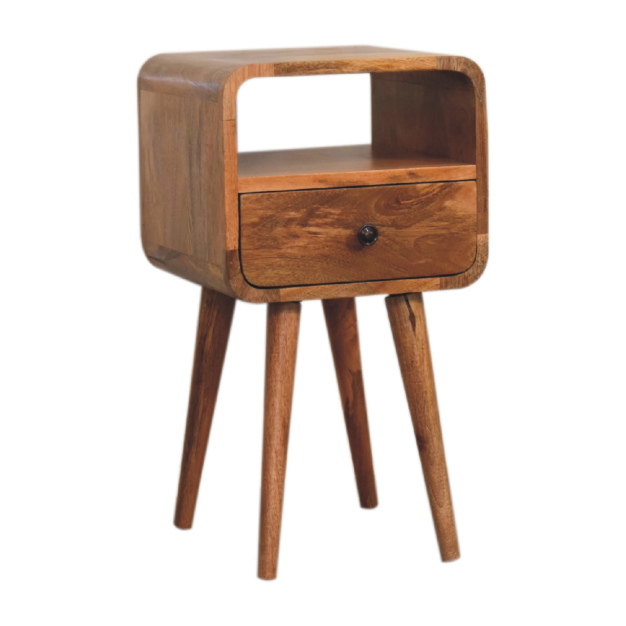 Solid Wood Mini Oak-ish Curve nightstand,1-Drawer, 1 Open-Slot, Brown