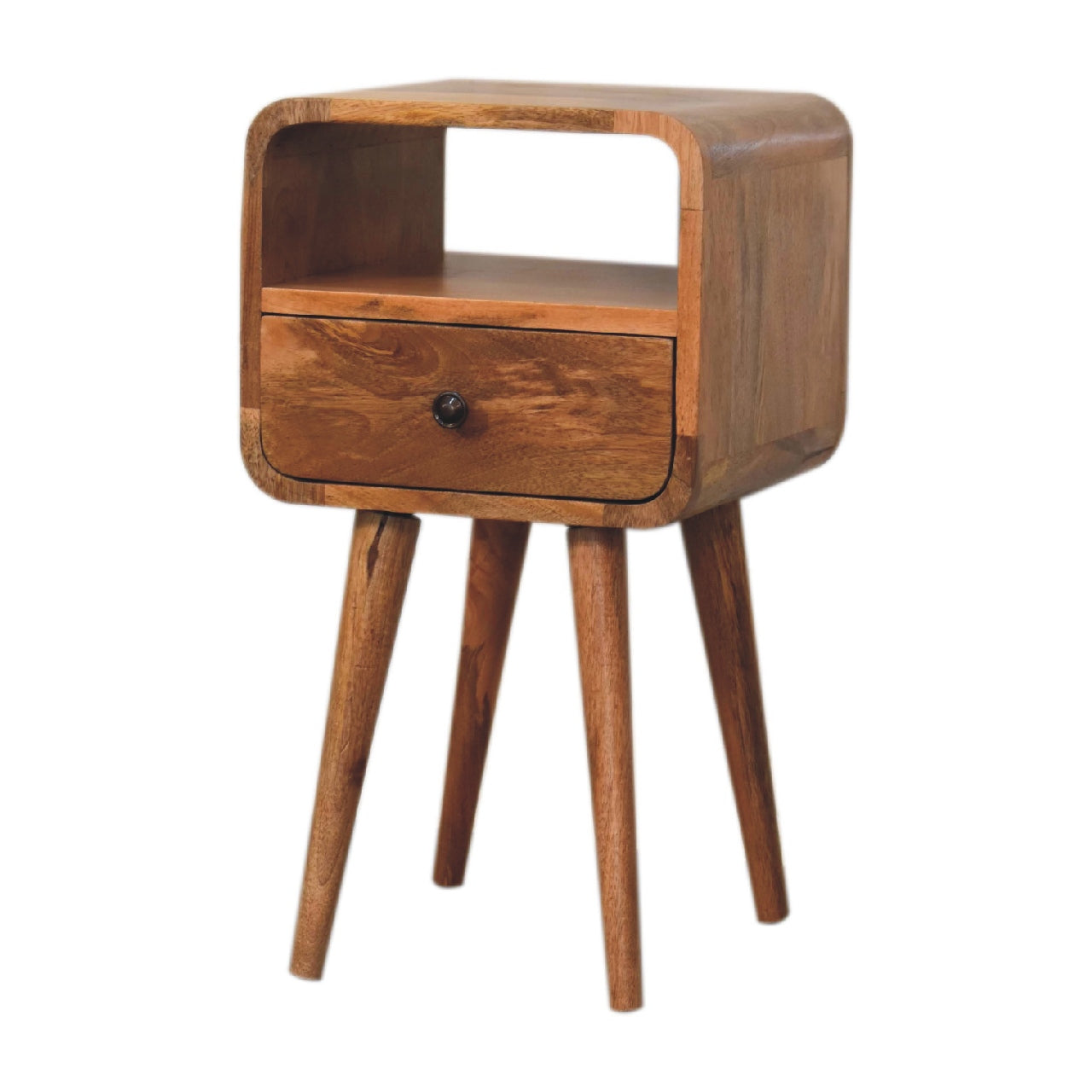 Solid Wood Mini Oak-ish Curve nightstand,1-Drawer, 1 Open-Slot, Brown