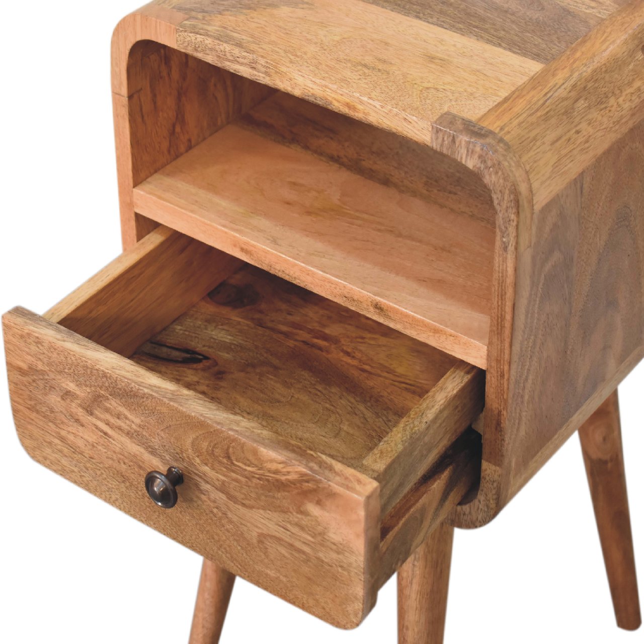 Solid Wood Mini Oak-ish Curve nightstand,1-Drawer, 1 Open-Slot, Brown