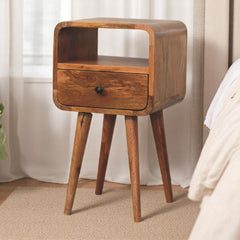 Solid Wood Mini Oak-ish Curve nightstand,1-Drawer, 1 Open-Slot, Brown