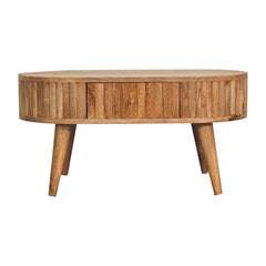 Solid Wood Stripe Coffee Table, 2-Drawers, Nordic Legs, Light Brown