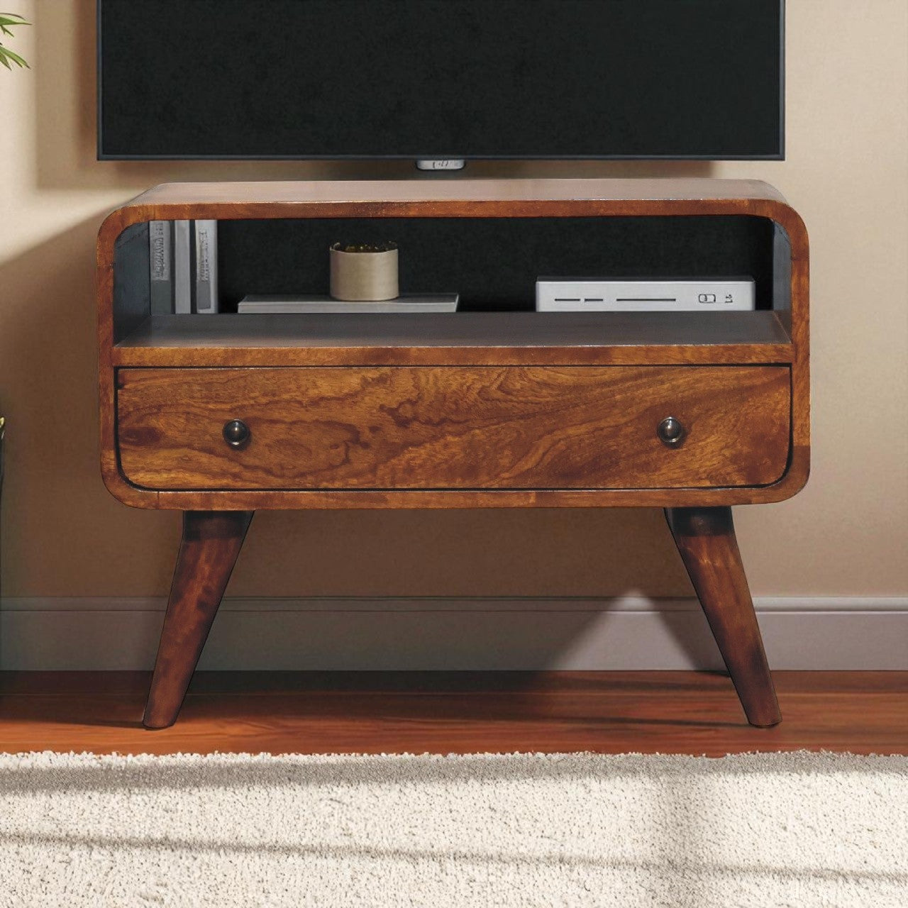 Solid Wood Mini Curved Media Unit, Chestnut, 1-Drawer, 1 Open Slot, Dark Brown