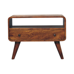 Solid Wood Mini Curved Media Unit, Chestnut, 1-Drawer, 1 Open Slot, Dark Brown
