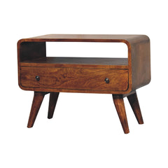 Solid Wood Mini Curved Media Unit, Chestnut, 1-Drawer, 1 Open Slot, Dark Brown