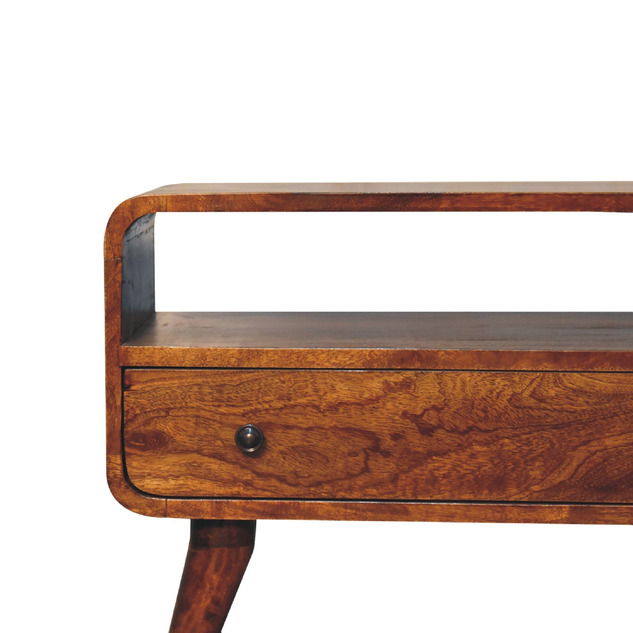 Solid Wood Mini Curved Media Unit, Chestnut, 1-Drawer, 1 Open Slot, Dark Brown