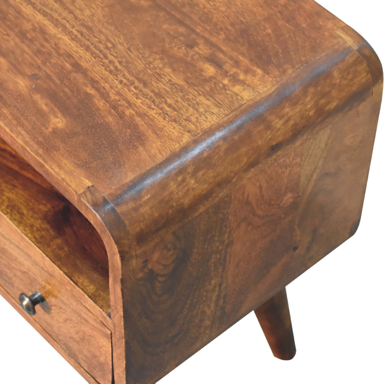 Solid Wood Mini Curved Media Unit, Chestnut, 1-Drawer, 1 Open Slot, Dark Brown
