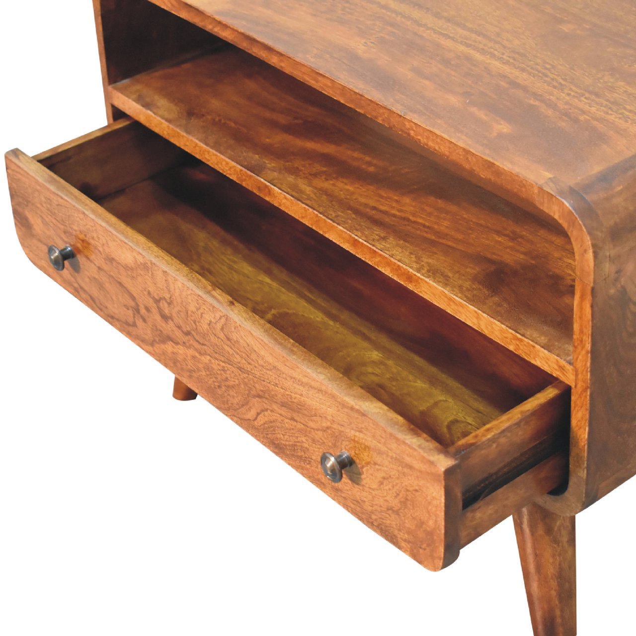 Solid Wood Mini Curved Media Unit, Chestnut, 1-Drawer, 1 Open Slot, Dark Brown