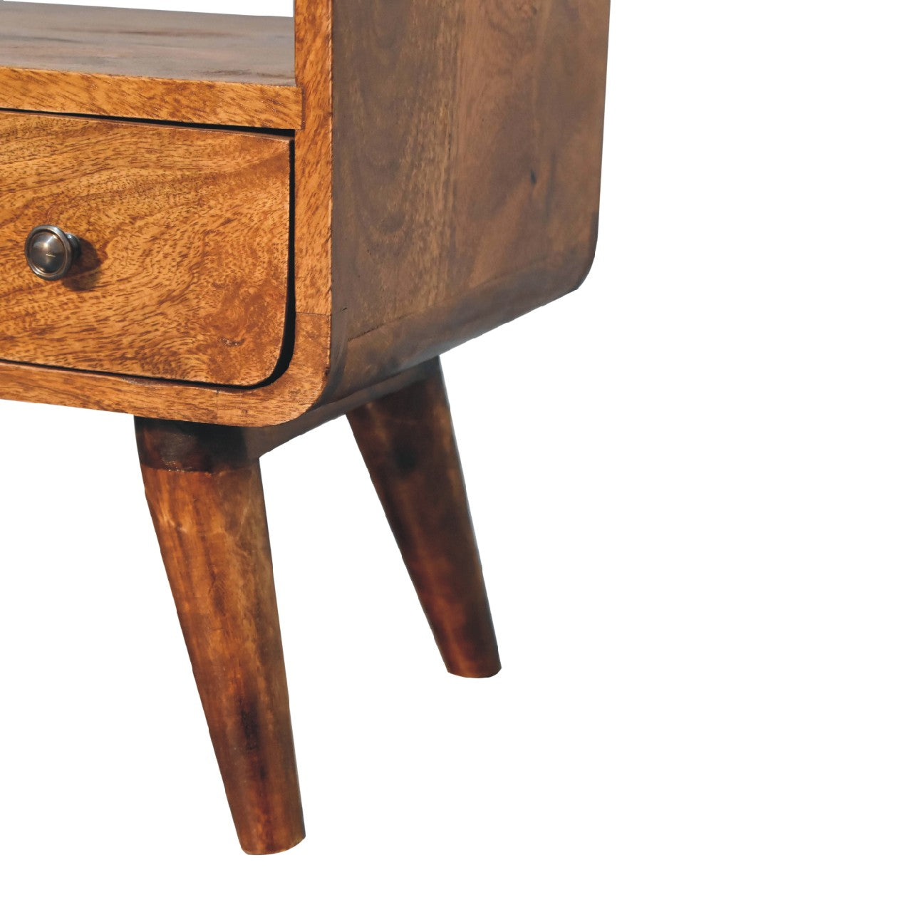 Solid Wood Mini Curved Media Unit, Chestnut, 1-Drawer, 1 Open Slot, Dark Brown