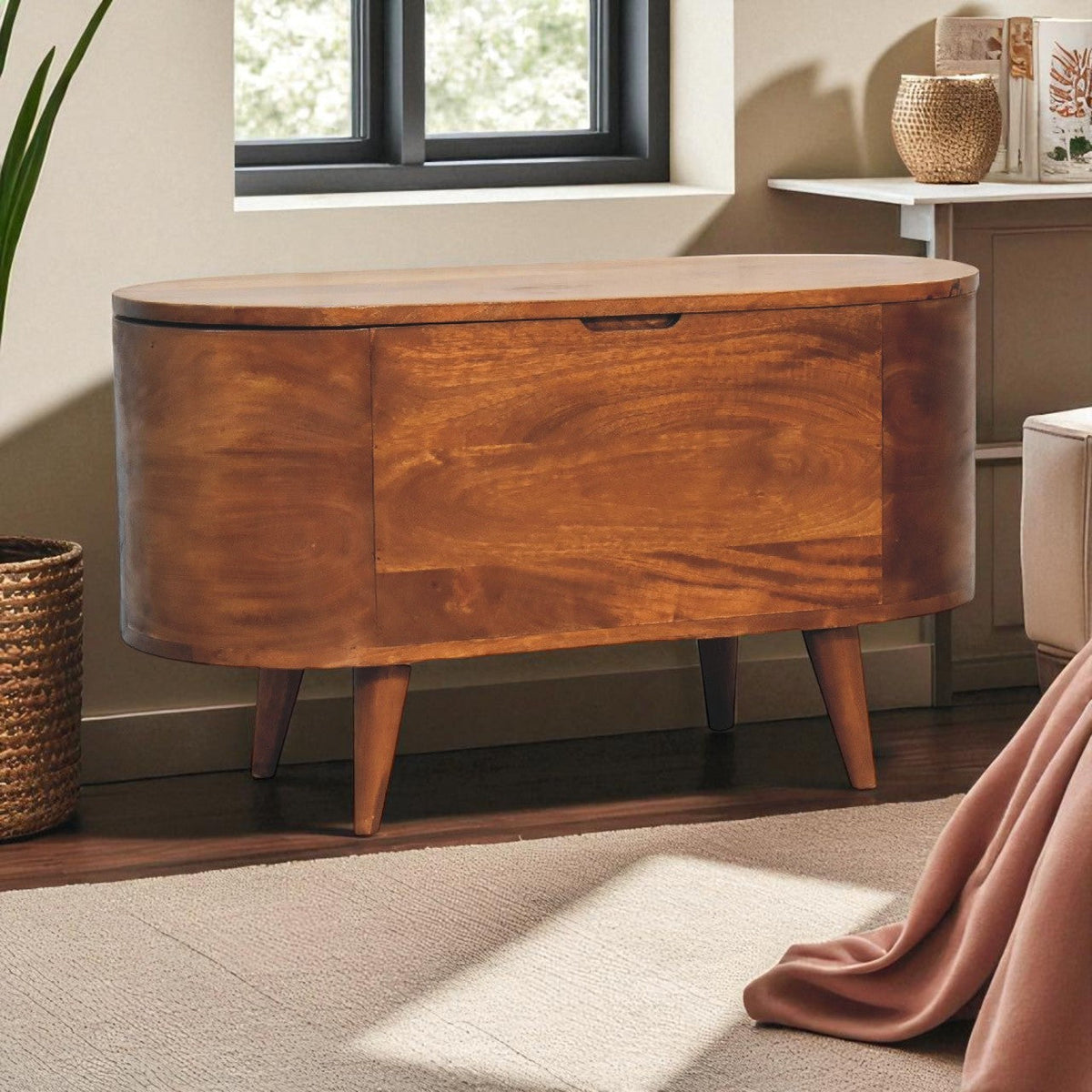 Solid Wood Chestnut Rounded Lid-Up Blanket Box, Storage Box