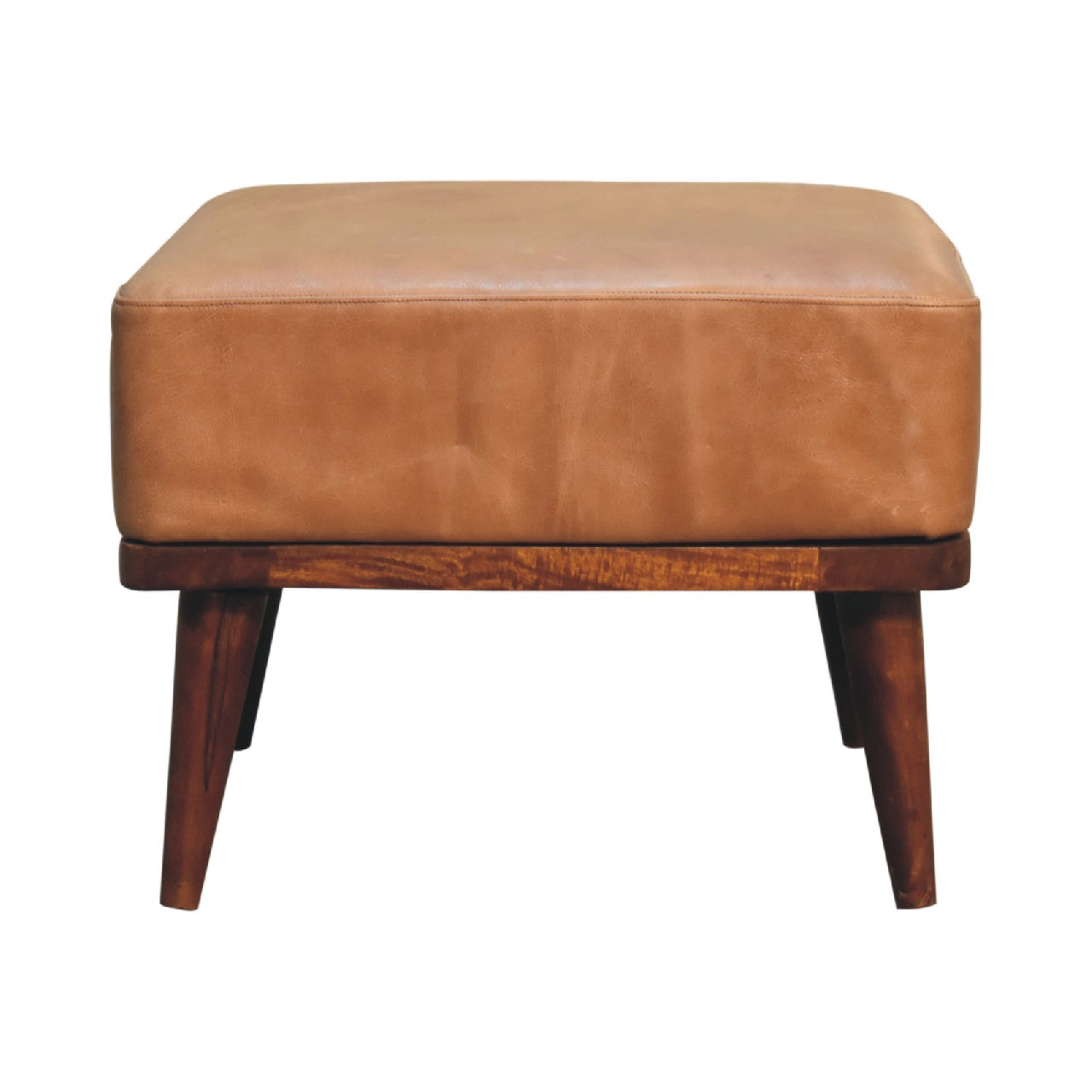 Tan Buffalo Leather Footstool, Upholstered, Nordic Legs, Tan and Dark Brown