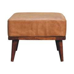 Tan Buffalo Leather Footstool, Upholstered, Nordic Legs, Tan and Dark Brown