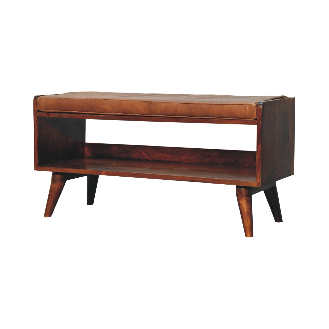 Solid Wood Chestnut Bench with Leather Seat pad, Nordic Legs, Tan and Dark Brown