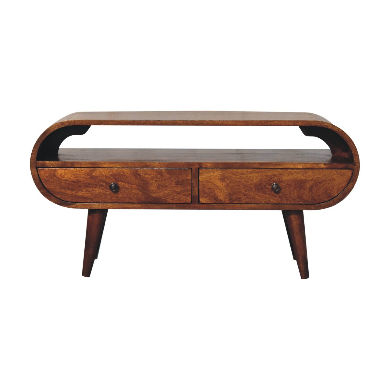 Chestnut Circular TV Stand, 2-Drawers, Open Slot, Nordic Legs, Brown