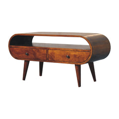 Chestnut Circular TV Stand, 2-Drawers, Open Slot, Nordic Legs, Brown