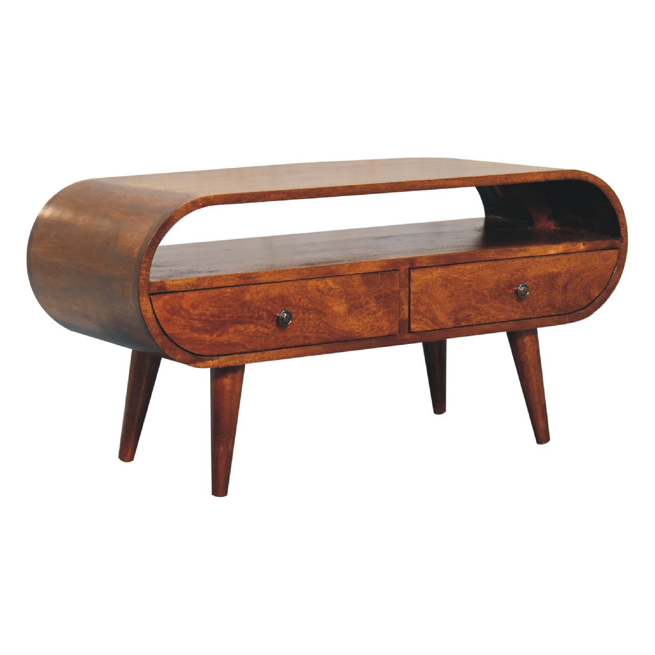 Chestnut Circular TV Stand, 2-Drawers, Open Slot, Nordic Legs, Brown